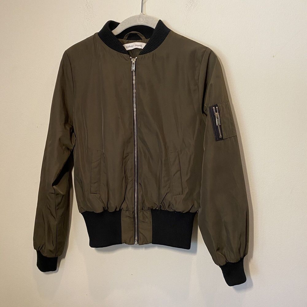 Anthropologie Bishop + Young Women's Small Bomber Jacket Olive Green Front Zip